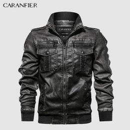 CARANFIER Mens Leather Jackets Motorcycle Stand Collar Zipper Pockets Male US Size PU Coats Biker Faux Leather Fashion Outerwear 201130