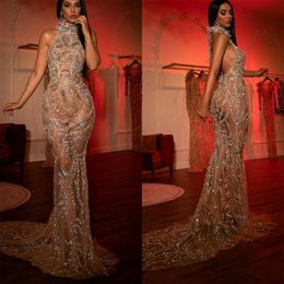 2021 See Through Evening Dresses Lace Beaded Mermaid Prom Dress Plus Size vestido de novia Sexy Party Celebrity Gowns
