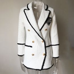 Plus Size XXXL Women High Street Long Jackets Runway Beading Double Breasted Solid Colour White Slim Chic Blazers High Quality 201008