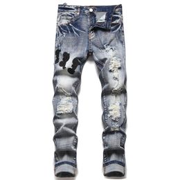 Men's Jeans 2021 European Ripped Hole Patch Trend Stretch Slim Trousers High-End Versatile Male Denim Pants