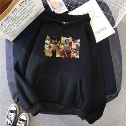 Sweatshirts With Hoodie Attack On Titan Print Man Fleece Loose Oversize Hooded Streetwear Vintage Cartoons Anime Hip Hop Hoodies H1227
