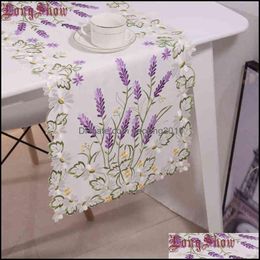 Table Runner Cloths Home Textiles & Garden Japanese Style 40X90 40X180Cm Luxury Purple Lavender Floral White Satin Cutwork Embroidered Tv St