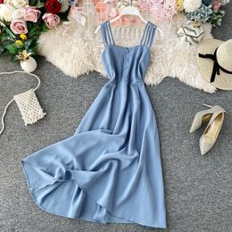 Vintage Boho 2021 Sexy Spaghetti Strap Midi Long Dress elegant Summer Party Casual High Waist Women A-Line Beach Holiday Dresses Y0118