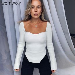 WOTWOY Low-Cut V-Neck Cropped Sexy Sweaters Women Bottoming Slim Fit Knitted Pullovers Women Solid Knitwear Female Jumper 201224