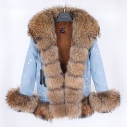 MAOMAOKONG fox fur collar ultra short denim fur jacket women plus velvet thick liner casual jacket 201109