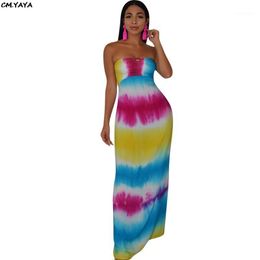 Casual Dresses 2021 Women Summer Strapless Tie Dye Stripe Print Lace Up Hollow Out Back Beach Maxi Dress Bohemian Long Vestidos K80421