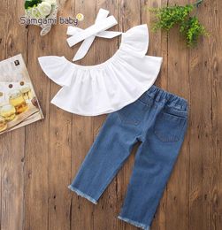 Kids Clothes set Summer Children Clothing White Tops Broken Hole Pants Headband 3pcs Fashion Kids Baby Girls Suits