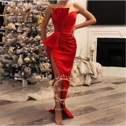 Sexy Red Long Prom Dresses With High Slit Sweetheart Sheath Pleat Satin Formal Dresses With Big Bow Plus Size