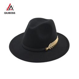 QIUBOSS Trend Solid Color Men Women Wool Felt Panama Hat Fedora Caps Leather Band Metal Leaves Pattern Black Jazz Trilby QB04 Y200110