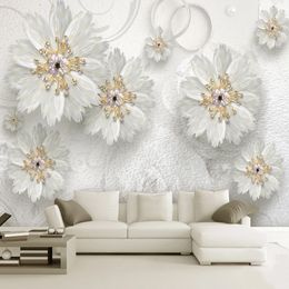Custom Mural Wallpaper 3D Stereo Jewellery White Flowers Wall Painting Living Room TV Sofa Bedroom Home Decor Papel De Parede 3 D