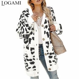 LOGAMI Vintage Leopard Women Long Cardigan Autumn Winter Casual Single Breasted Knitted Sweater Coat 201023