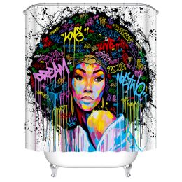 Art Design Graffiti Art Hip Hop African Girl with Black Hair Big Earring with Modern Building Shower Curtain for Bathroom Decor Y200108