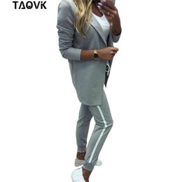 TAOVK Women's Suits Turn-down Collar Jacket White Striped Pant two Pieces Set Pant Suits woman's sport costumes Feminine clothes LJ201117