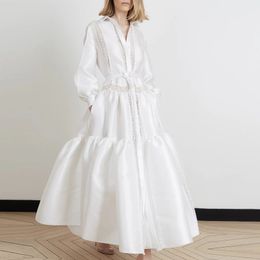 Siskakia Fashion White Shirt Dress Satin Lapel Button Lantern Long Sleeve Pleated Ruffle Hem Midi Dress Elegant Lace Patchwork Y0118