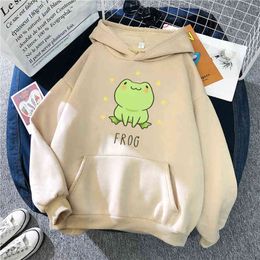 Cute Kawaii Frog Print Hoodies Sweatshirt Autumn Fleece Warm Hip Hop Streetwear Hooded Mens Cartoon Pattern Streetwear Clothes H1227