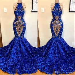 Royal Blue Mermaid Prom Dresses 2022 Rose Flowers Spódnice Długa Kaplica Pociąg Halter Afryki Suknie Wieczorowe Gold Applique Koraliki Formalna Suknia BES121