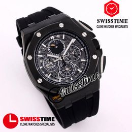 26571 26582 Quartz Chronograph Mens Watch Moon Phase Skeleton Dial Stopwatch PVD All Black Steel Case Rubber Watches 2022 SwissTime