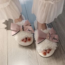 Faux Fur Slides For Women White Plush Slippers Winter With Bow Furry Slippers Women House Slippers Woman Fluffy Sliders Shoes X1020