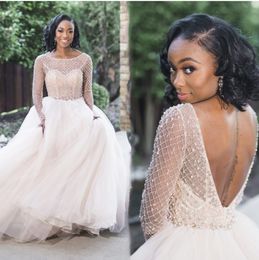 2021 Gorgeous African Backless Wedding Dresses A Line Long Sleeves Pearls Beads Puffy Bridal Formal Dress Garden Country Wedding Gowns