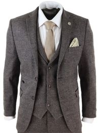 2020 Kahverengi Erkek Yün Suits 3 Parça Çek Kostüm Homme Tweed Tailed Fit Zirve Blinders Gatsby 1920s Suit T200303