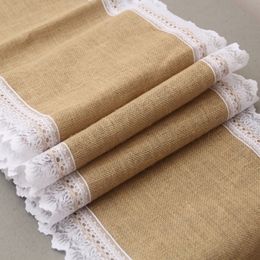 Vintage White Christmas Lace Jute Linen Hessian Burlap Country Event Party Supplies Wedding Decoration Tablecloth Table Runner Y200903