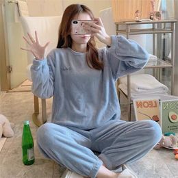 FINETOO 2 Pieces Winter Women Thicken Warm Soft Pajamas Female Flannel Pajamas Set Long Sleeve Sleepwear for Girls Ladies Pyjama 201113