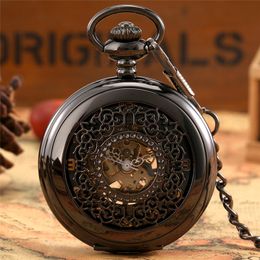 Classic Silver/Black Pocket Watch Men Women Hand-winding Mechanical Watches Hollow Out Flower Case with Pendant Chain reloj de bolsillo