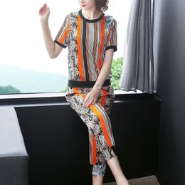 2 Piece Set Women Silk Satin Summer Vintage Print T Shirt + Pants Fashion Elegant Ladies Suit Slim Fit Casual Outfit All-Match