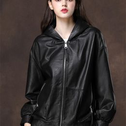 Nerazzurri Black oversized leather jacket women with hood long sleeve drop shoulder zipper plus size spring faux leather coat 210201