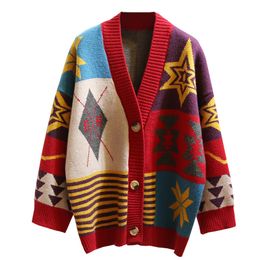 Colorful Star Geometry Print Knitted Cardigan Women Casual Single Breasted Jumper 2019 Autumn Winter Oversize Sweater Tops Femme T200319