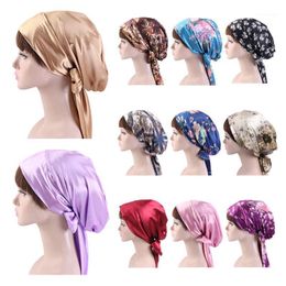 Beanie/Skull Caps Style Women Hats Floral Turban Hat Cap Muslims Flower Bonnet Beanie Arab Amira Headwear Satin Islamic Bow 1