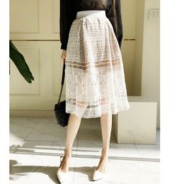 Autumn new women's elastic waist hollow out lace crochet floral midi long ball gown skirt