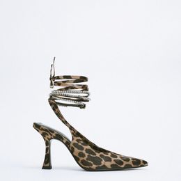 2022 New Women's Leopard Print Sandals Ankle Strap Shinestone Slingback High-heeled Muller Shoes Summer