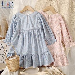 Humour Bear Girls Dress Children Clothing Princess Spring Autumn Floral Loose Flared Sleeve Baby Kids 211231