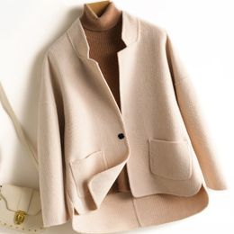 Autumn Winter Short Double sided Cashmere Pure Wool Coat Women Long sleeve Standing Collar Solid Slim Wool Jacket Outwear Female T200828