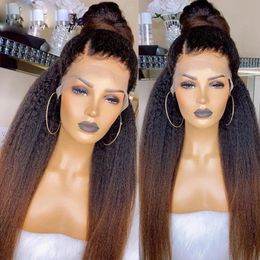 Ombre Dark Brown Kinky Straight 360 Frontal Human Hair Wigs HD Transparent Lace Front Peruvian Remy Pre pluck Bleached Knots