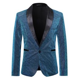 Men Shawl Lapel Blazer Slim Fit One Button Shiny Blue Glitter Suit Jacket Men DJ Nightclub Stage Singer Clothes Costume Homme 220310