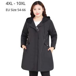 Plus Size 10XL 8XL 6XL Women Long Sleeves Trench Coat New Style Hoodies Black Outerwear Spring Autumn OL Work Wearing Tops 201111