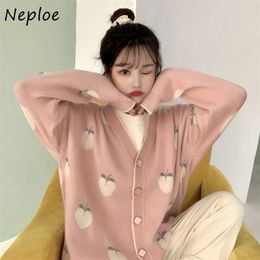 Neploe Peach Pattern Loose Sweet Knit Sweater V Neck Long Sleeve Single-breasted Cardigans Casual Fashion Pull Femme Coat LJ201017