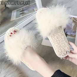 Cute Plush ostrich feather female shoes comfortable soft bottom cotton slipper flat heel warm home slides women sandals hy176 X1020
