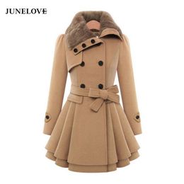 Women's Wool & Blends Woolen Coat Double Breasted Lapel Long Female Thicken Autumn Winter Slim Belt Pleated Trench Coats Lady Fur Collar Pea