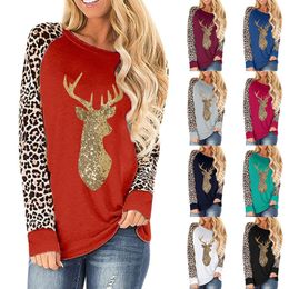Plus Size Women Sweater Christmas Deer Sequined Leopard Patchwork Round Neck Long Sleeve T-shirt 2020 Autumn Winter Clothes M3001