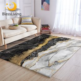 BlessLiving Luxury Area Rug For Living Room Gold Glitter Marble Centre Rug Black Grey Modern Bedroom Carpet 122x183cm Drop Ship 201214