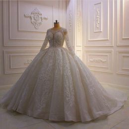 2021 Glitter Ball Gown Wedding Dresses Jewel Neck Long Sleeve Luxury Lace Appliques Bridal Gowns Plus Size Wedding Dress robes de 227i