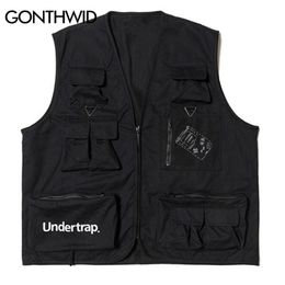 GONTHWID Utility Multi Zipper Pockets Sleeveless Jackets Tool Waistcoats Tactical Combat Vest Casual Travel Outdoor Jacket Coat Y201026