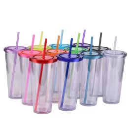 24oz Transparent Cups Tumblers Plastic Drinking Juice Cup With Lip And Straw