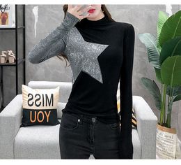 New women's stand collar long sleeve bodycon rhinestone patched stars pattern Colour block t-shirt tees plus size SMLXLXXL3XL