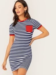 Pocket Patched Striped Ringer Tee Dress SHE