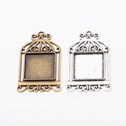 square silver tray NZ - 20pcs 48*29MM Fit 20MM Antique bronze cabochon setting square birdcage blank pendant base silver color metal stamping tray bezel