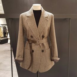 Vintage Double Breasted Office Ladies Plaid Blazer with belt Long Sleeve Houndstooth Suit Coat Jacket Women blazers Female 201201